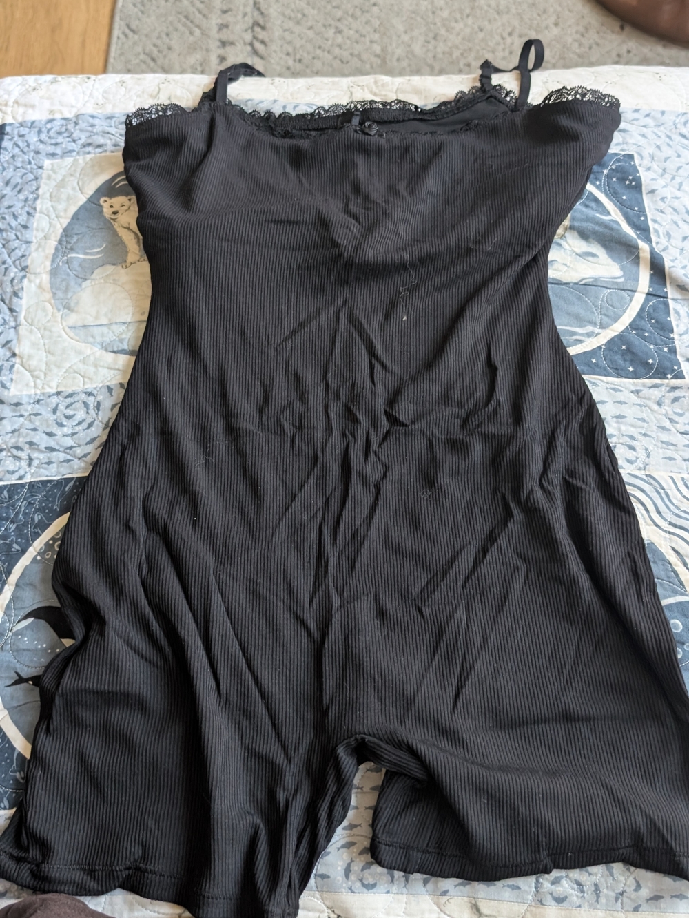 SKIMS Black Ribbed Lace-Trim Jumpsuit